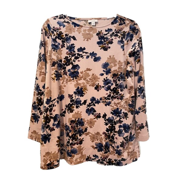J Jill Top Women Small Petite Light Pink Floral Velvet Velour Bloom Travel - Picture 1 of 7